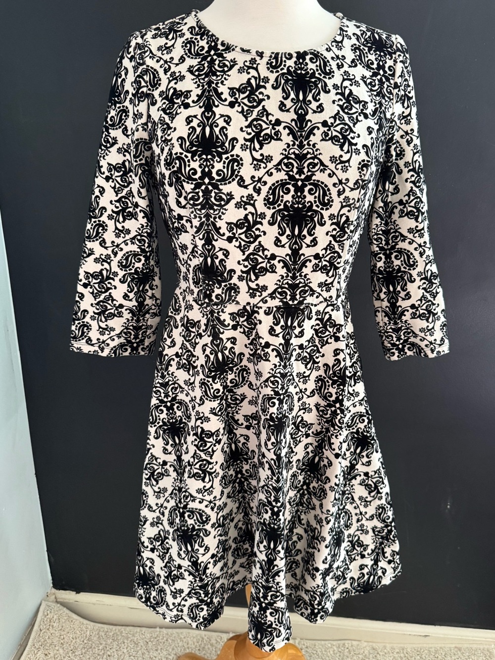 Skies Are Blue Black and White Damask Printed Long Sleeve Fit & Flare Mini Dress